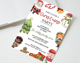 May include: A Christmas party invitation with a watercolor illustration of Santa Claus, a snowman, elves, a gingerbread man, a Christmas tree, and candy canes. The text reads "Join us for a Christmas Party, Saturday December 25th at 12pm, The Holly family home, 123 Anywhere Strt Any City, St 1234, RSVP by December 20th, Please bring a Secret Santa gift to share!"