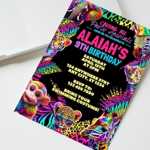 Invito di compleanno con animali arcobaleno al neon: stampa ghepardo modificabile (download digitale)