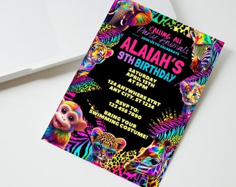 Neon Rainbow Animal Birthday Invitation: Editable Cheetah Print (Digital Download)