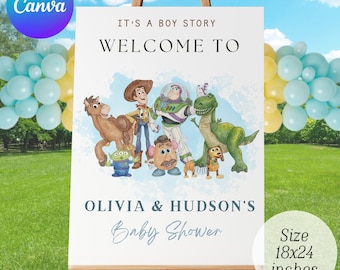 Es ist eine Boy Story Toy Story Baby Shower Party Willkommensschild, bearbeitbare Canva-Vorlage, sofortiger Download, Canva Digitale Vorlage