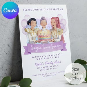 May include: A white invitation card with the text "Skyla Turns Seven". The card features an illustration of three girls holding a birthday cake. The card is 5x7 inches.