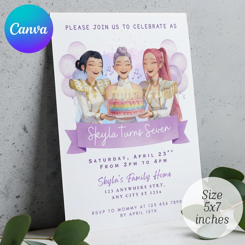 May include: A white invitation card with the text "Skyla Turns Seven". The card features an illustration of three girls holding a birthday cake. The card is 5x7 inches.