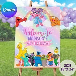 K&ouml;nnte beinhalten: Ein farbenfrohes Geburtstagsplakat mit Sesamstra&szlig;en-Figuren, einem Regenbogen und dem Text "Welcome to Madison's 2nd Birthday!". Das Plakat ist 45.72 cm x 60.96 cm gro&szlig; und zeigt Elmo, Abby Cadabby und andere Charaktere.