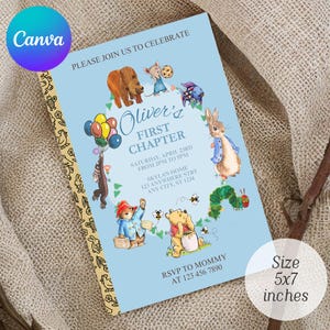 May include: A light blue invitation card with illustrations of storybook characters, including a bear, mouse, rabbit, and caterpillar. The card reads "Oliver's First Chapter" and includes event details. The card is 5x7 inches.