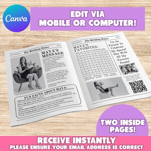 May include: A printable birthday party activity booklet with a newspaper-style design. The front cover features a photo of a woman and the text "Let's Party! The Birthday Times" and "Maya's Message". The back cover features a photo of three women and the text "Two Inside Pages!" and "Receive Instantly. Please ensure your email address is correct."