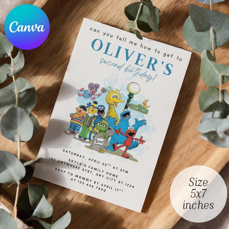 May include: A 5x7 inch invitation for Oliver's second birthday, featuring Sesame Street characters. The invitation includes the text "can you tell me how to get to Oliver's second birthday!" and event details.