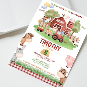 Editable Farm Birthday Invitation, Barnyard Birthday Invite, Farm Animals Birthday Party, Red Barnyard Animals Invitation, Kids Invite Canva