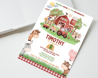 Einladung zum Geburtstag: Rote Scheune, Kinderparty (editable Canva)