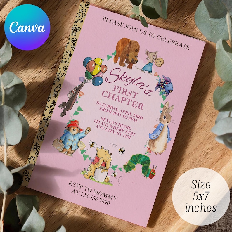 May include: A pink invitation card with the text "Skyla's First Chapter" and illustrations of cartoon characters. The card is 5x7 inches in size and includes event details. The Canva logo is in the upper left corner.