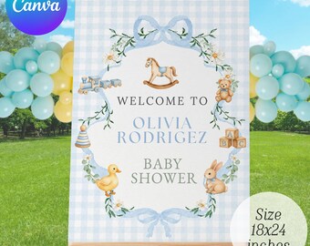 Blue Baby Shower Welcome Sign Template, Vintage Nursery Toys Invite, Teddy Bear Rocking Horse, Floral Editable Printable Download, Boy Baby