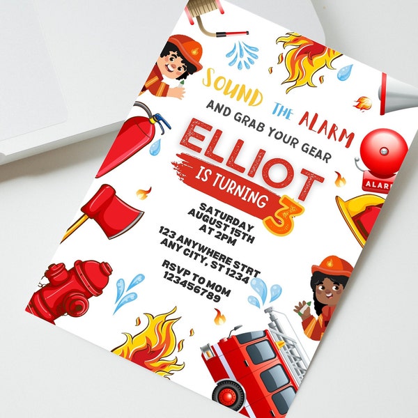 Fire Truck Invitation, Firefighter Invite,  Fireman Birthday Invitation, Fire Engine Instant Download, Editable Kids Invitation, Canva