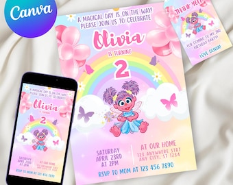 May include: A birthday party invitation and matching tag featuring a cartoon character, rainbow, and butterflies. The invitation reads "Olivia is turning 2" with event details. A smartphone displays a similar design. The Canva logo is in the upper left.