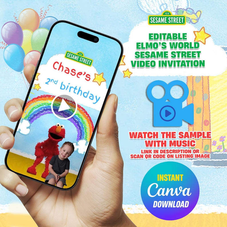 K&ouml;nnte beinhalten: Ein Smartphone zeigt eine Videoeinladung zum Thema Sesamstra&szlig;e f&uuml;r einen zweiten Geburtstag. Die Einladung zeigt Elmo, einen Regenbogen und den Text "Chase's 2nd birthday". Zus&auml;tzlicher Text lautet "Editable Elmo's World Sesame Street Video Invitation" und "Instant Canva Download".