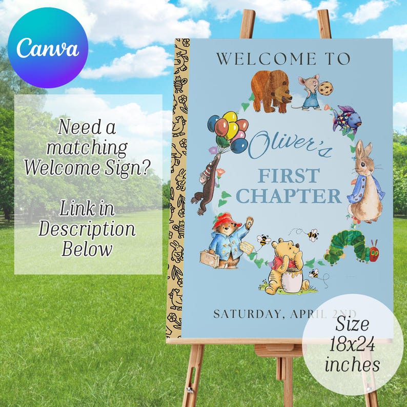 May include: A light blue rectangular welcome sign measuring 18x24 inches, featuring illustrations of various storybook characters arranged in a circle around the text Oliver's FIRST CHAPTER and the date SATURDAY, APRIL 2ND.
