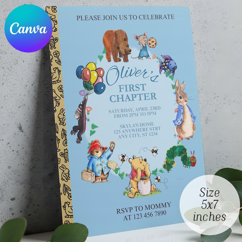 May include: A light blue invitation card featuring illustrations of a brown bear, a mouse, a monkey holding balloons, a rabbit in a blue coat, a bear with a honey pot, and a green caterpillar. Text reads: Oliver's FIRST CHAPTER, Saturday, April 23rd, 5x7 inches.