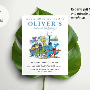 May include: A white invitation card with the text "can you tell me how to get to OLIVER'S second birthday!" and Sesame Street characters. The card is 5x7 inches and includes event details.