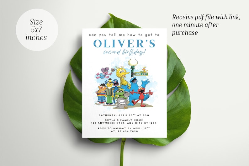 May include: A white invitation card with the text "can you tell me how to get to OLIVER'S second birthday!" and Sesame Street characters. The card is 5x7 inches and includes event details.