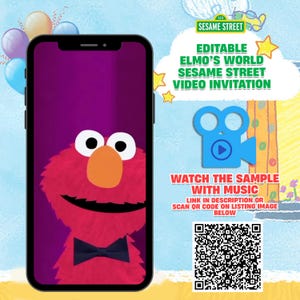 K&ouml;nnte beinhalten: Ein Smartphone zeigt eine Videoeinladung zum Thema Elmo. Der Bildschirm zeigt Elmos Gesicht mit einer Fliege vor einem lila Hintergrund. Der Text lautet "EDITABLE ELMO'S WORLD SESAME STREET VIDEO INVITATION." Ein QR-Code und Anweisungen sind ebenfalls sichtbar.