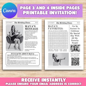 May include: A printable birthday invitation with a newspaper-style design. The invitation features a message from Maya, a fun facts section about Maya, and a word search puzzle. The invitation is decorated with a pink and purple color scheme.