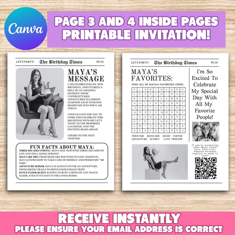 May include: A printable birthday invitation with a newspaper-style design. The invitation features a message from Maya, a fun facts section about Maya, and a word search puzzle. The invitation is decorated with a pink and purple color scheme.