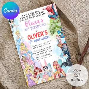Op de afbeelding: Een 12,7 x 17,8 cm verjaardagsfeestuitnodiging met Disney-prinsessen en Marvel-superhelden. De uitnodiging bevat de tekst "Olivia's 6th Birthday & Oliver's 4th Birthday!" met evenementdetails. Het ontwerp heeft een kleurrijke, grillige stijl.