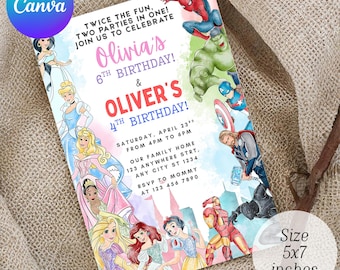 Princess and Super Heroes birthday Sibling Invitation, Girl and Boy Editable Template, Instant Download,  Digital Download, Canva