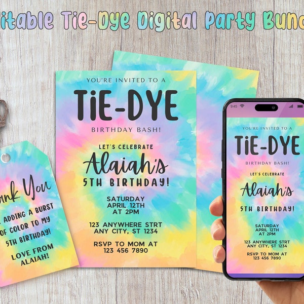 Tie Dye Birthday Invitation, Pastel Rainbow Tie Dye Birthday Invite, Editable Tie Dye Party Bundle,  Tie-Dye Party,  Instant Download, Canva