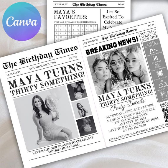 Editable Birthday Newspaper Invitation Template (Instant Download)