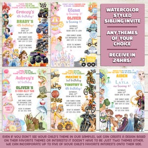 May include: A collection of six digital birthday invitation templates featuring various themes including princesses, monster trucks, construction vehicles, fishing, motocross, and animated characters, with customizable text fields for names, ages, and event details.