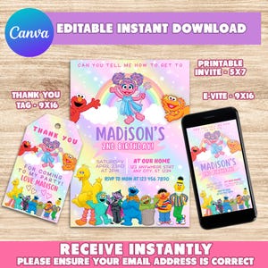 Faire-part d'anniversaire modifiable, Sesame Street, faire-part imprimable Abby Cadabby, téléchargement immédiat pour filles, toile