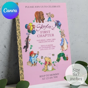 May include: Pink invitation card with the text "Skyla's First Chapter" and illustrations of storybook characters. The card is 5x7 inches and includes event details. The Canva logo is in the upper left corner.
