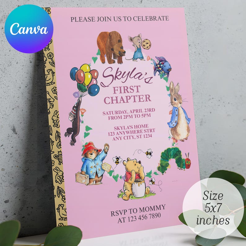 May include: Pink invitation card with the text "Skyla's First Chapter" and illustrations of storybook characters. The card is 5x7 inches and includes event details. The Canva logo is in the upper left corner.
