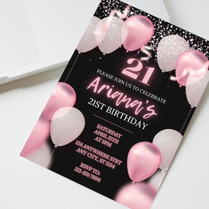 21st Birthday Invitation, Editable 21st Invite pink & black Invitation, Balloons, For Him or Her Instant Download Printable, ANY AGE, Canva