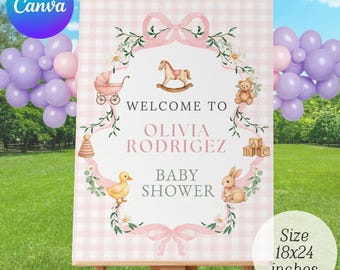 Pink Baby Shower Welcome Sign Template, Vintage Girl Nursery Toys Sign , Coquette Pink Bow Sign, Floral Editable Printable Download