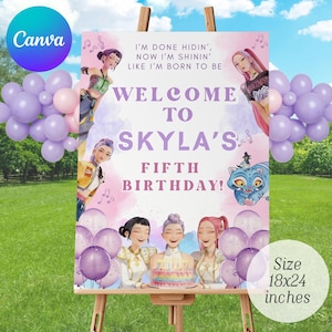 May include: A birthday party welcome sign with illustrations of animated characters and balloons in purple and pink. The sign says "Welcome to Skyla's Fifth Birthday!" and includes the text "Size 45.7x61 cm."