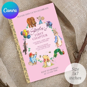 May include: Pink invitation card with the text "Skyla's First Chapter" and illustrations of storybook characters. The card is 5x7 inches and includes event details and RSVP information.