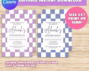 May include: Editable 8th birthday party invitation template with a checkered background in purple and white. The text reads "Please join us to celebrate Alaiah's 8th Birthday!" with details for the party including the date, time, location, and RSVP information.