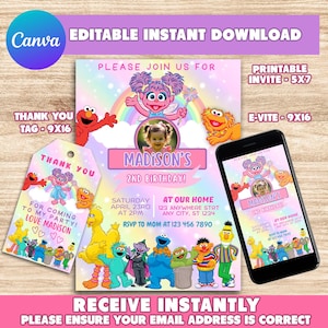 Editable Abby Cadabby Birthday Invitation, Sesame street Birthday Invite, Printable Abby Cadabby invitation, Girls Instant Download, Canva