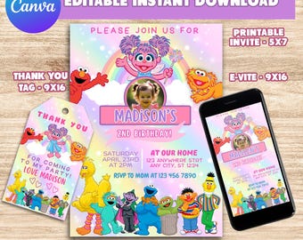Abby Cadabby Geburtstagseinladung: Sesamstraße, bearbeitbare Canva (Digitaler Download)