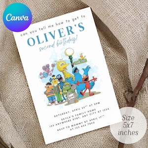 May include: A white invitation card with the text "OLIVER'S second birthday!" and a colorful illustration of Sesame Street characters. The card is 5x7 inches.