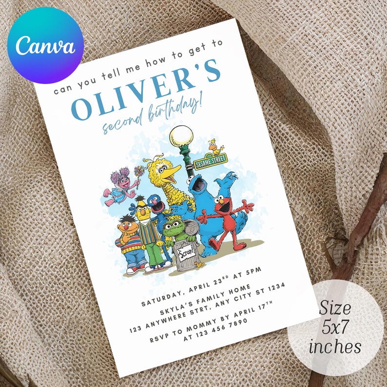 May include: A white invitation card with the text "OLIVER'S second birthday!" and a colorful illustration of Sesame Street characters. The card is 5x7 inches.