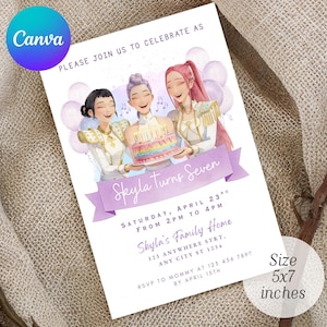 Pode incluir: Convite de aniversário de 5x7 polegadas com uma ilustração em aquarela de três meninas sorrindo segurando um bolo. O convite inclui o texto "Skyla Turns Seven" e detalhes do evento. O logotipo da Canva está no canto superior esquerdo.