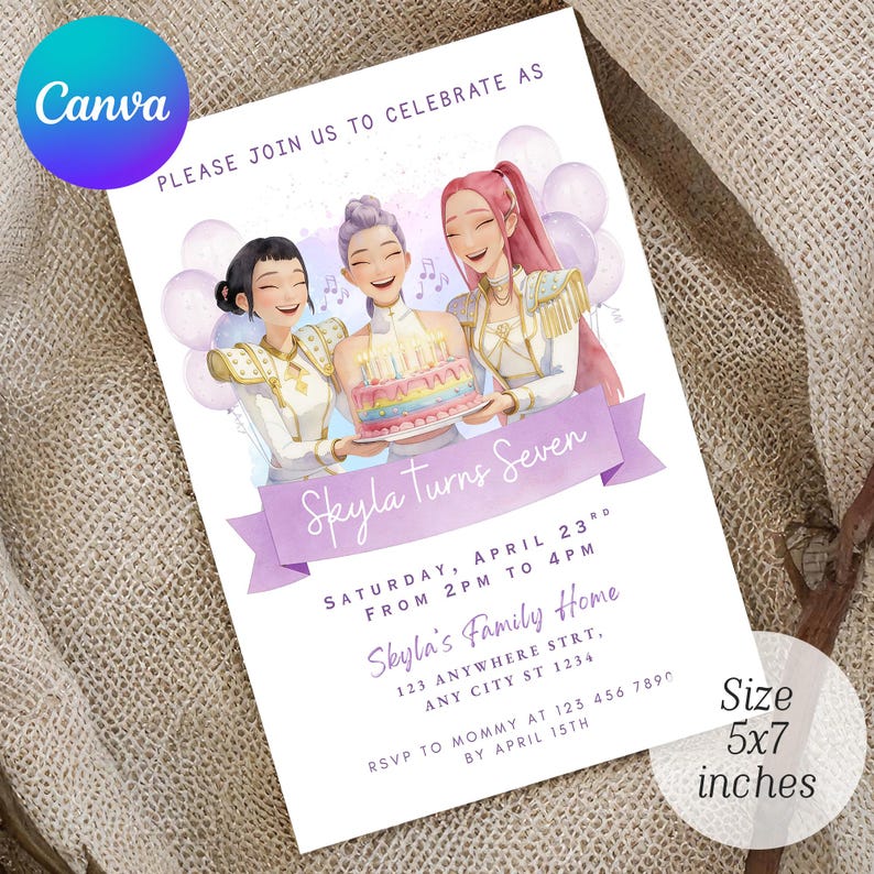 May include: A 5x7 inch birthday invitation featuring a watercolor illustration of three smiling girls holding a cake. The invitation includes the text "Skyla Turns Seven" and event details. The Canva logo is in the upper left corner.