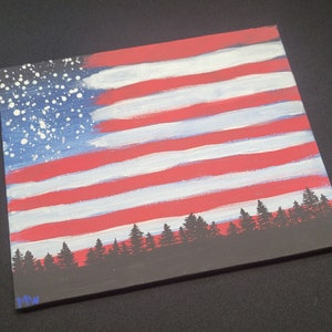 Hand painted American Flag with splatter effect for nighttime sky on wrapped canvas. &quot;Goodnight America&quot;