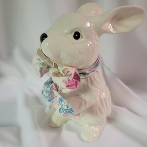 White Ceramic Bunny with Green Bow. Pink-Nosed, Blue-Eyed Rabbit. Easter or  Spring Celebration. Kids Room Decor. Rabbit Collectors.