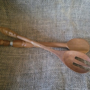 African, mid century,  folk art, wooden salad serving set, vintage, teak fork and spoon collector collectible wood brown retro hand carved