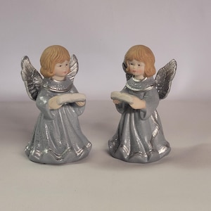 Vintage Choir Angel Bells, Silver Blue Porcelain Christmas Ornaments (Pair)