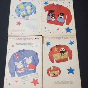May include: Four vintage Knit-O-Graf knitting pattern booklets featuring illustrated children's cardigans with graphic designs of ducks, bears, Peter Rabbit, and Humpty Dumpty. Each white paper booklet displays blue and red stars and text.