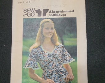 Retro 70s blouse pattern, size 11/12 Butterick Sew & Go ruffle shirt sewing gingham bodice vintage seamstress collar buttons sew sleeves