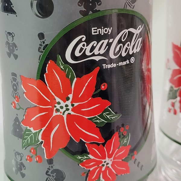 2 Coca Cola Arby's collectible Christmas glasses 1980s vintage Poinsettia holly coke water soda pepsi pair set retro dining frosted glass